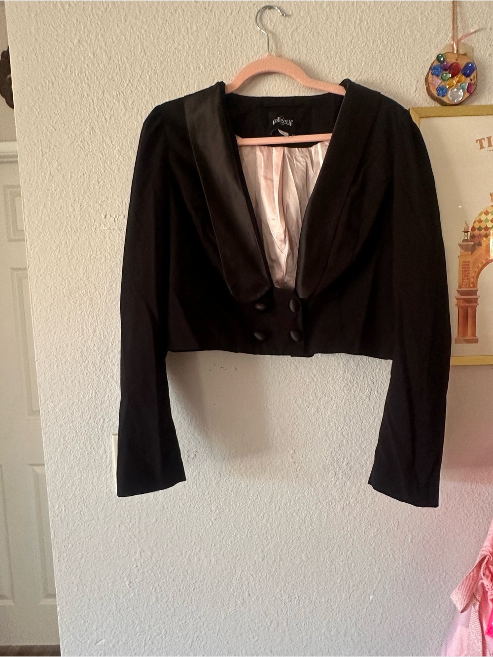 Collectif Cropped Black Blazer L UK 14, Satin Collar
